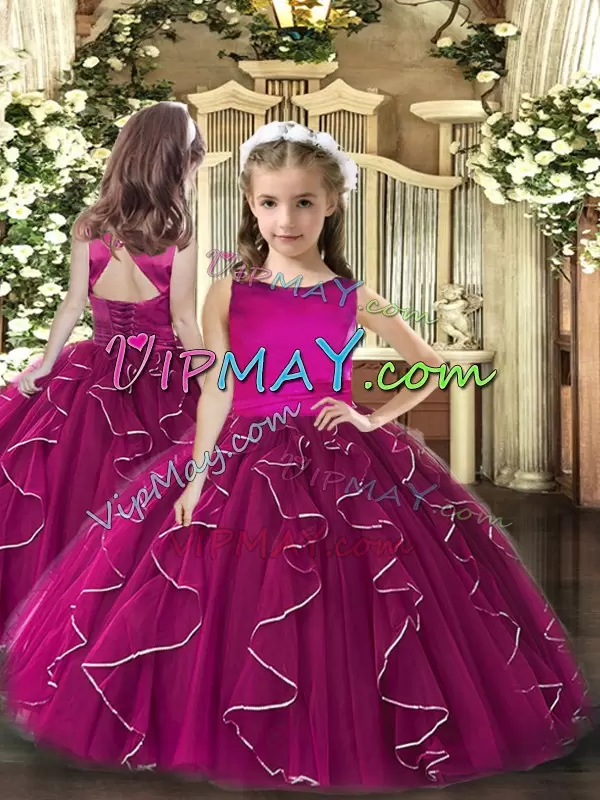 Classical Fuchsia Ball Gowns Ruffles Quinceanera Gown Lace Up Tulle Sleeveless Floor Length