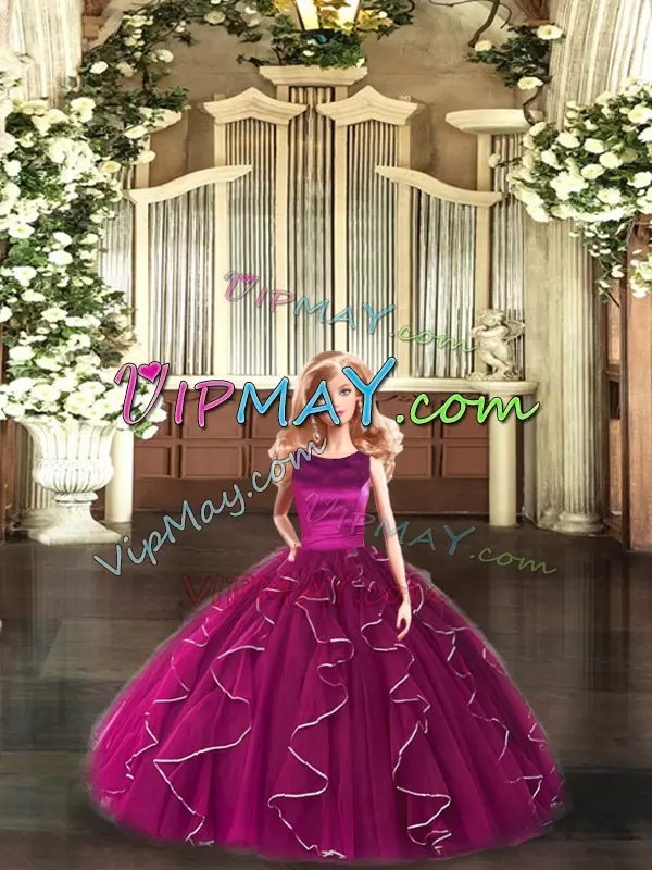 Classical Fuchsia Ball Gowns Ruffles Quinceanera Gown Lace Up Tulle Sleeveless Floor Length