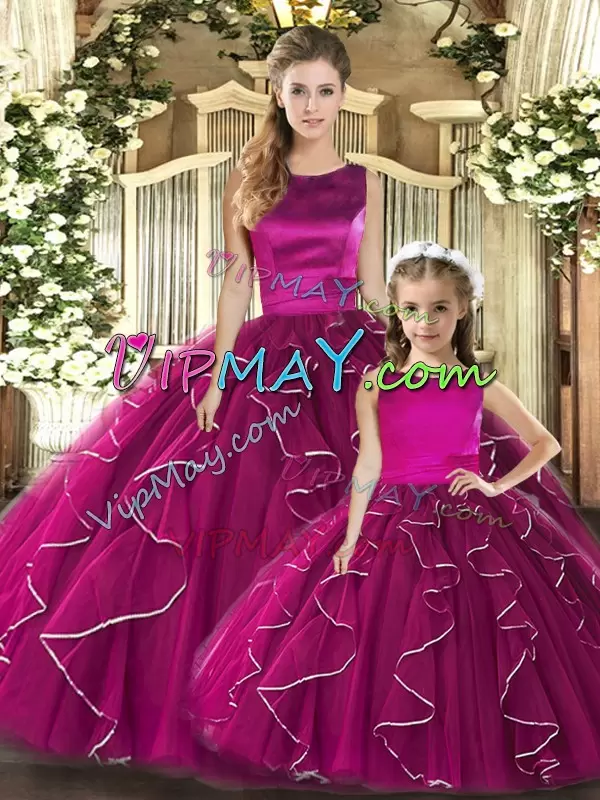 Classical Fuchsia Ball Gowns Ruffles Quinceanera Gown Lace Up Tulle Sleeveless Floor Length