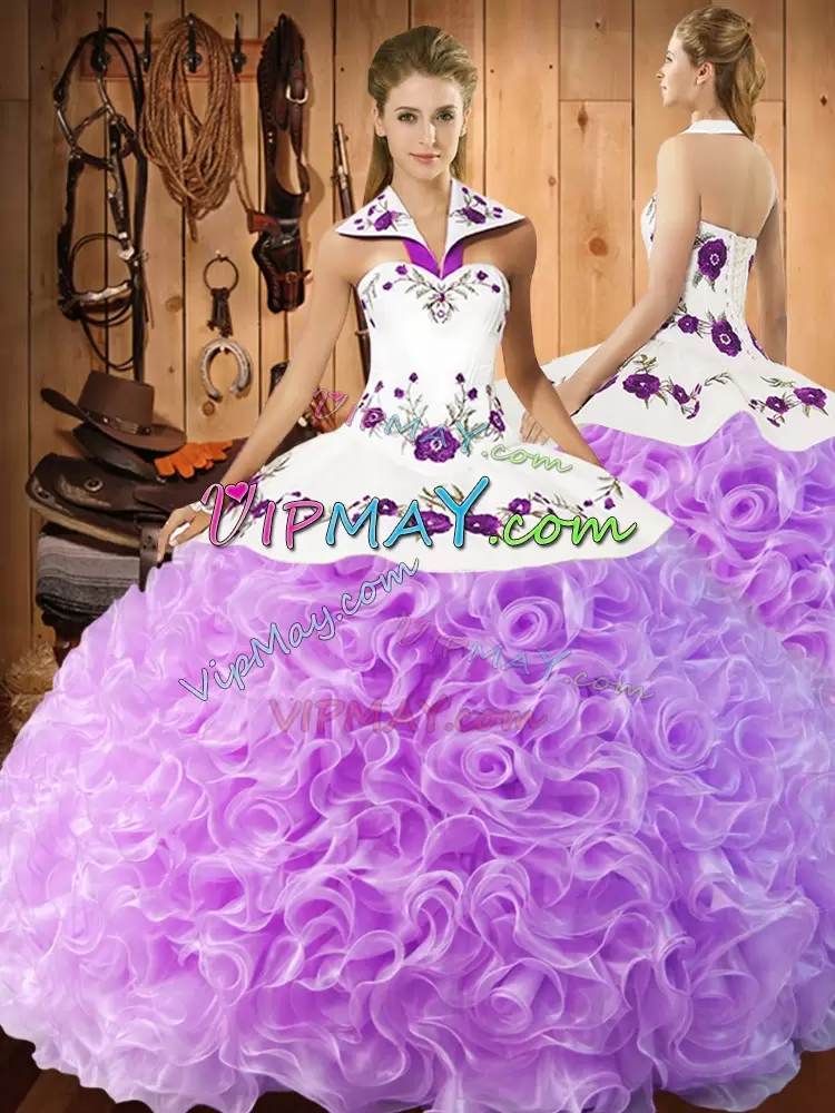 Eye-catching Lilac Two Pieces Embroidery 15th Birthday Dress Lace Up Fabric With Rolling Flowers Sleeveless Floor Length