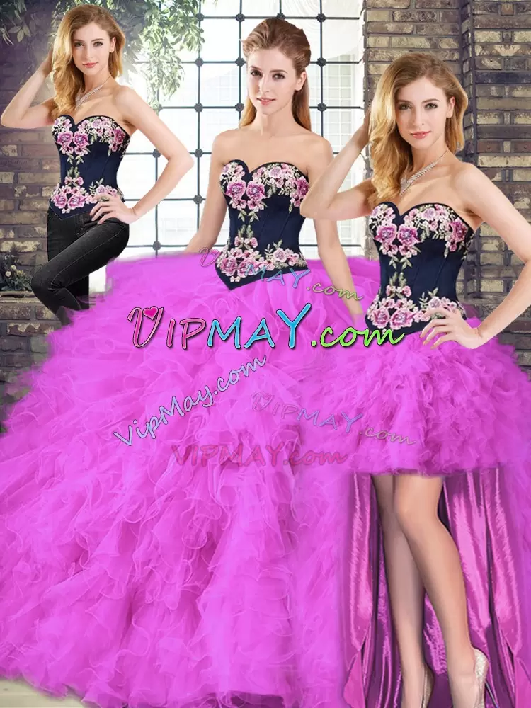 Fuchsia Sweetheart Neckline Beading and Embroidery Quinceanera Gown Sleeveless Lace Up