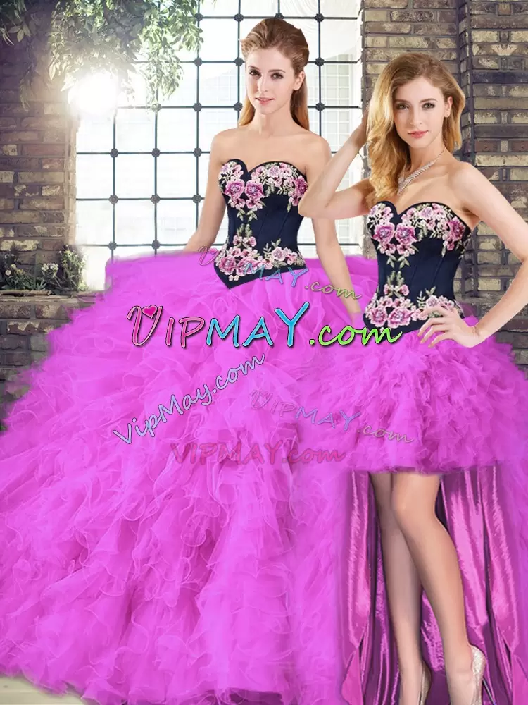 Fuchsia Sweetheart Neckline Beading and Embroidery Quinceanera Gown Sleeveless Lace Up