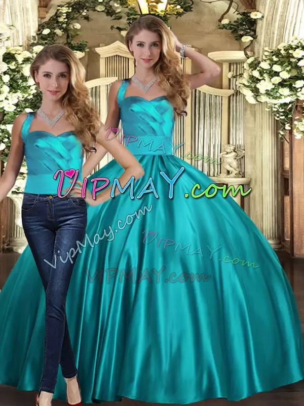 Artistic Ruching 15 Quinceanera Dress Teal Lace Up Sleeveless Floor Length