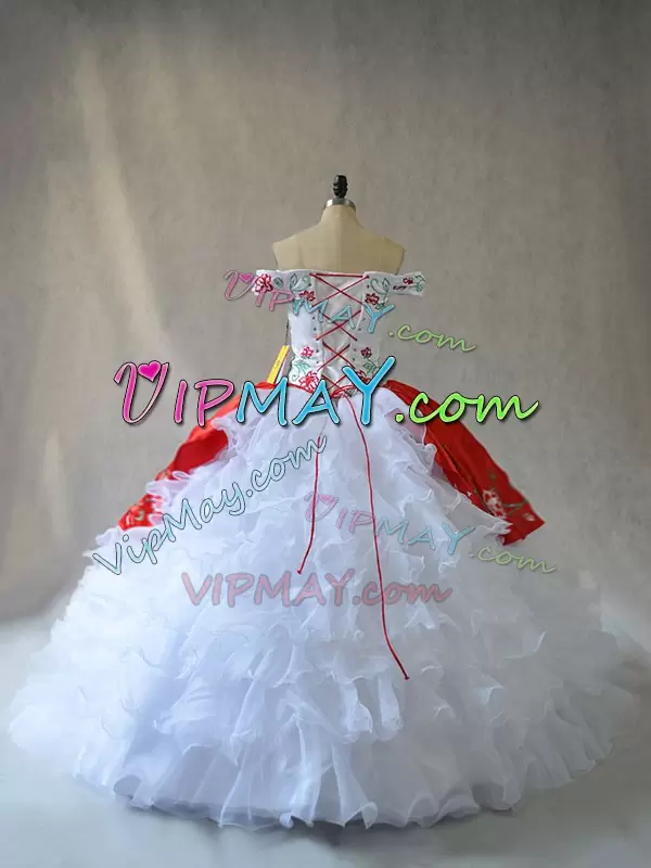 White And Red Organza Lace Up Quinceanera Dress Sleeveless Embroidery and Ruffled Layers
