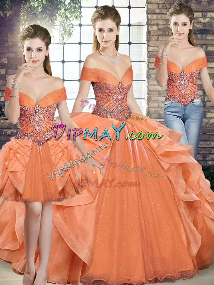 Trendy Floor Length Three Pieces Sleeveless Orange Quinceanera Gown Lace Up