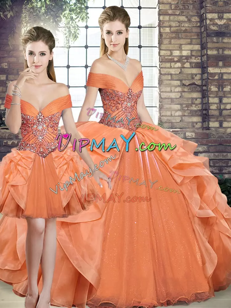 Trendy Floor Length Three Pieces Sleeveless Orange Quinceanera Gown Lace Up