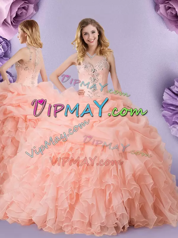 Enchanting Peach Straps Neckline Beading and Ruffles and Pick Ups Quince Ball Gowns Sleeveless Zipper