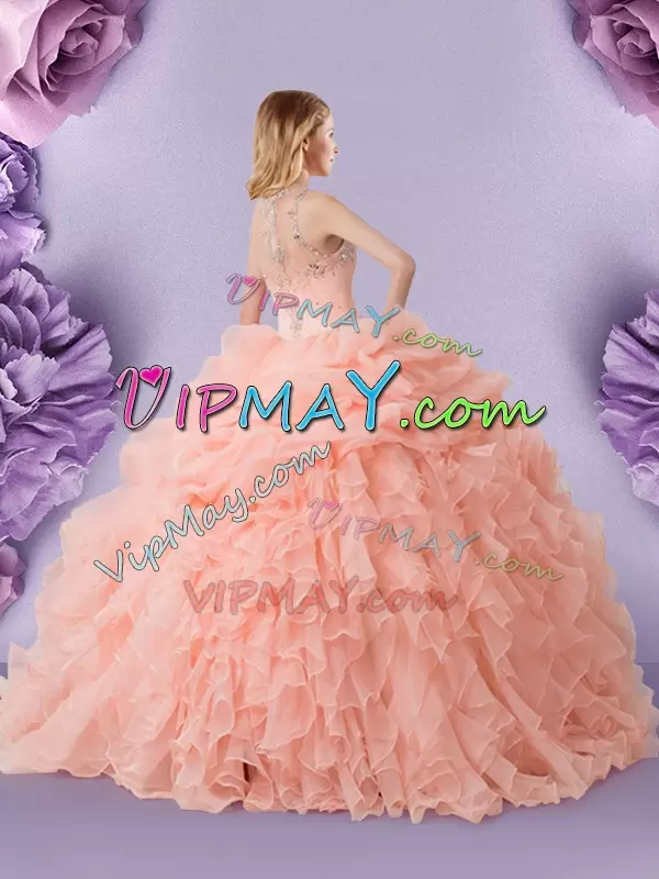 Enchanting Peach Straps Neckline Beading and Ruffles and Pick Ups Quince Ball Gowns Sleeveless Zipper