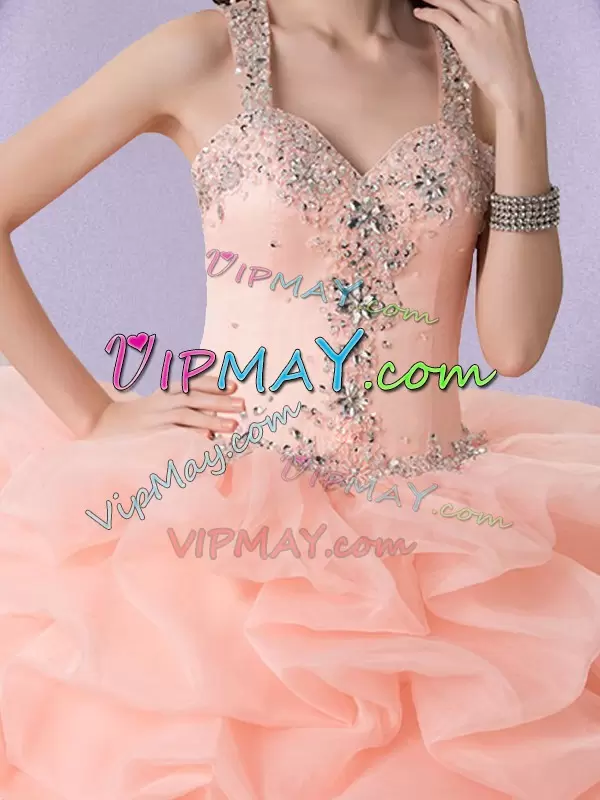 Enchanting Peach Straps Neckline Beading and Ruffles and Pick Ups Quince Ball Gowns Sleeveless Zipper