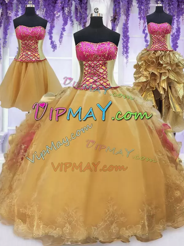 Organza and Taffeta Sleeveless With Train Sweet 16 Dress Brush Train and Beading and Lace and Ruffles