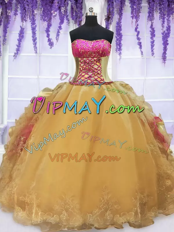 Organza and Taffeta Sleeveless With Train Sweet 16 Dress Brush Train and Beading and Lace and Ruffles