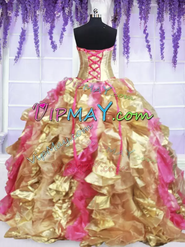 Organza and Taffeta Sleeveless With Train Sweet 16 Dress Brush Train and Beading and Lace and Ruffles