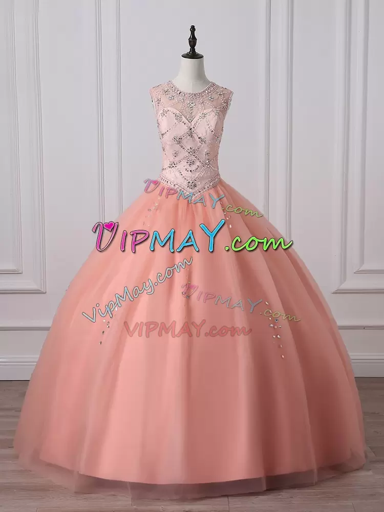 Scoop Sleeveless Tulle Quinceanera Dresses Beading Zipper