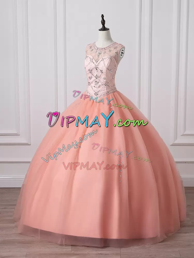 Scoop Sleeveless Tulle Quinceanera Dresses Beading Zipper