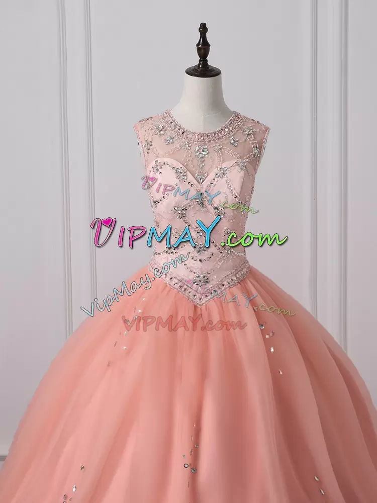 Scoop Sleeveless Tulle Quinceanera Dresses Beading Zipper