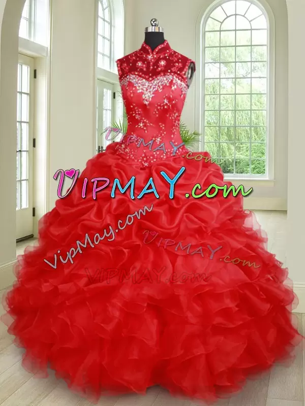 Captivating Beading and Ruffles and Pick Ups Sweet 16 Dresses Red Lace Up Sleeveless Floor Length