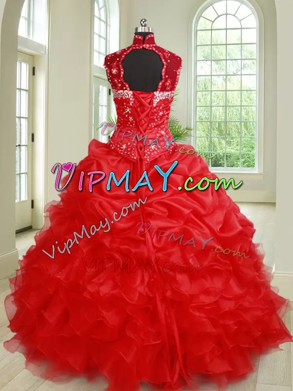 Captivating Beading and Ruffles and Pick Ups Sweet 16 Dresses Red Lace Up Sleeveless Floor Length