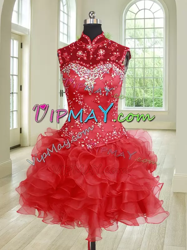 Captivating Beading and Ruffles and Pick Ups Sweet 16 Dresses Red Lace Up Sleeveless Floor Length