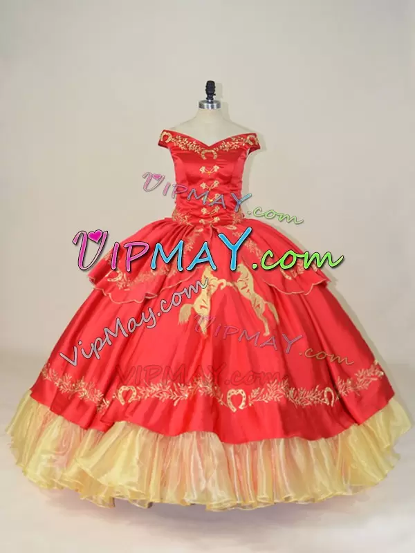 Red Off The Shoulder Lace Up Embroidery Ball Gown Prom Dress Sleeveless