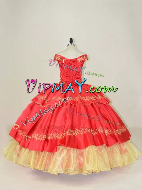 Red Off The Shoulder Lace Up Embroidery Ball Gown Prom Dress Sleeveless