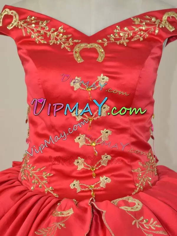 Red Off The Shoulder Lace Up Embroidery Ball Gown Prom Dress Sleeveless