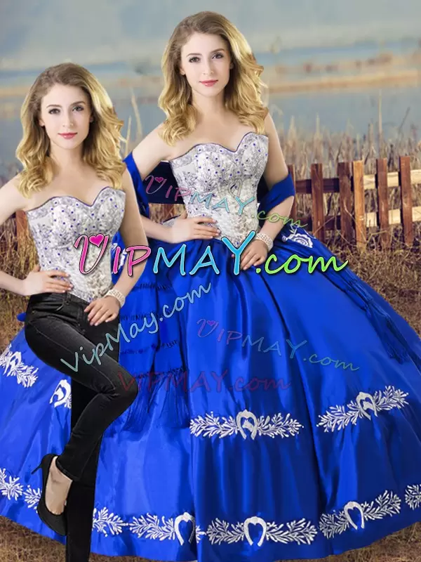 Wonderful Royal Blue Satin and Organza Lace Up Sweetheart Sleeveless Floor Length 15th Birthday Dress Beading and Embroidery