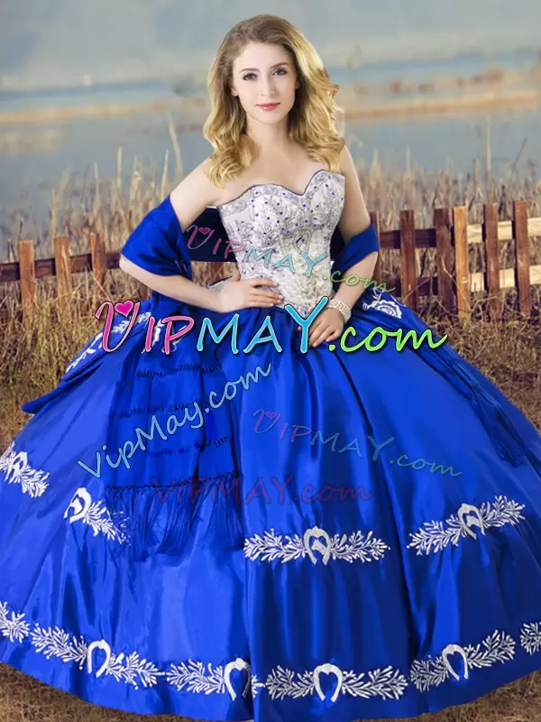 Wonderful Royal Blue Satin and Organza Lace Up Sweetheart Sleeveless Floor Length 15th Birthday Dress Beading and Embroidery