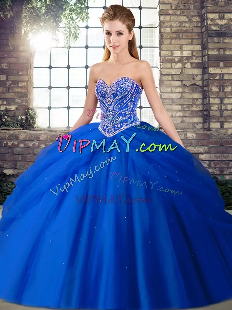 Royal Blue Lace Up Ball Gown Prom Dress Beading and Pick Ups Sleeveless Brush Train