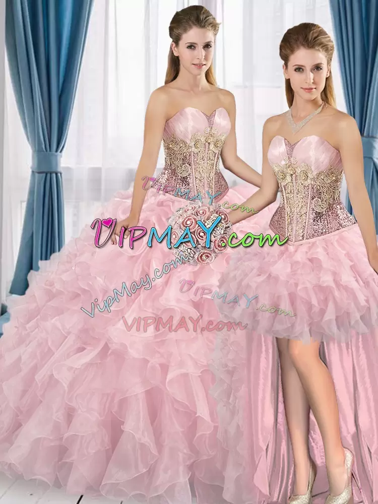 Baby Pink Sleeveless Floor Length Beading and Ruffles Lace Up Quinceanera Gown Sweetheart