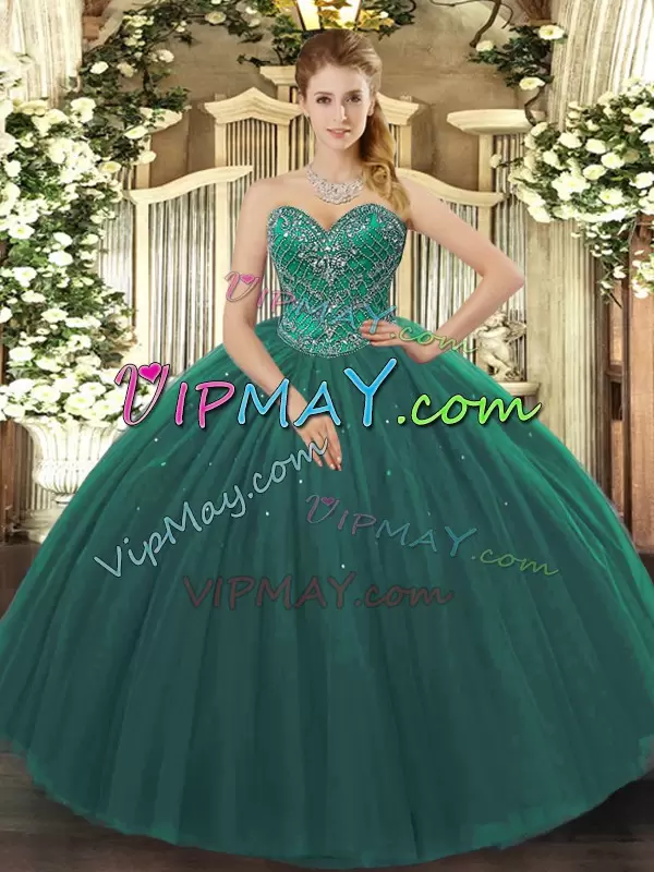 Modern Sweetheart Sleeveless 15th Birthday Dress Floor Length Beading Dark Green Tulle