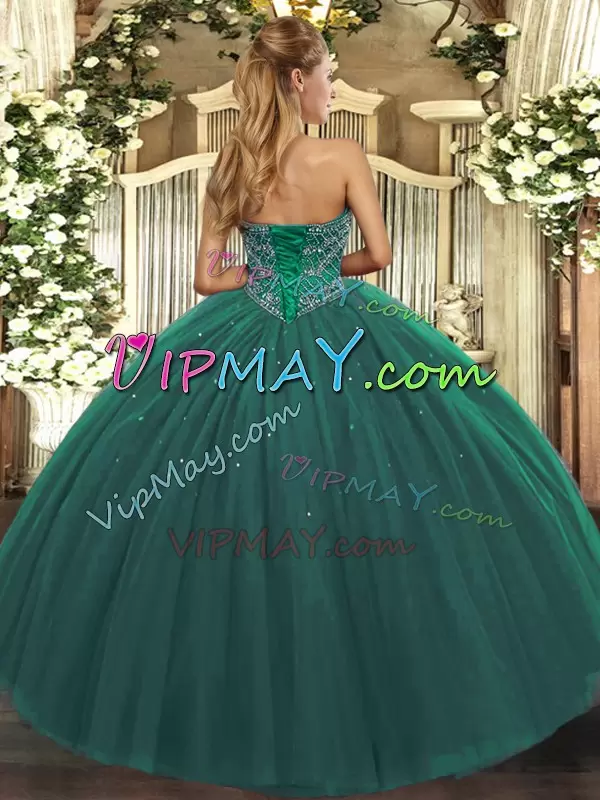 Modern Sweetheart Sleeveless 15th Birthday Dress Floor Length Beading Dark Green Tulle