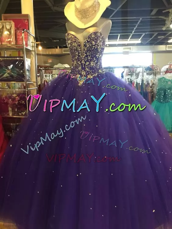 Pretty Purple Sleeveless Deep V Beaded Top Quinceanera Dress Tulle And Satin