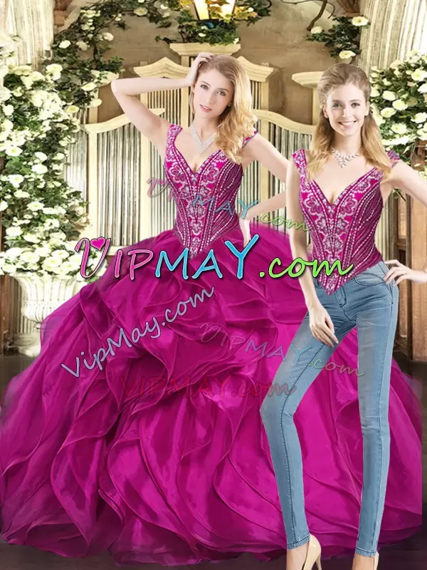 Admirable Fuchsia Ball Gowns Organza V-neck Sleeveless Ruffles Floor Length Lace Up Quinceanera Gown