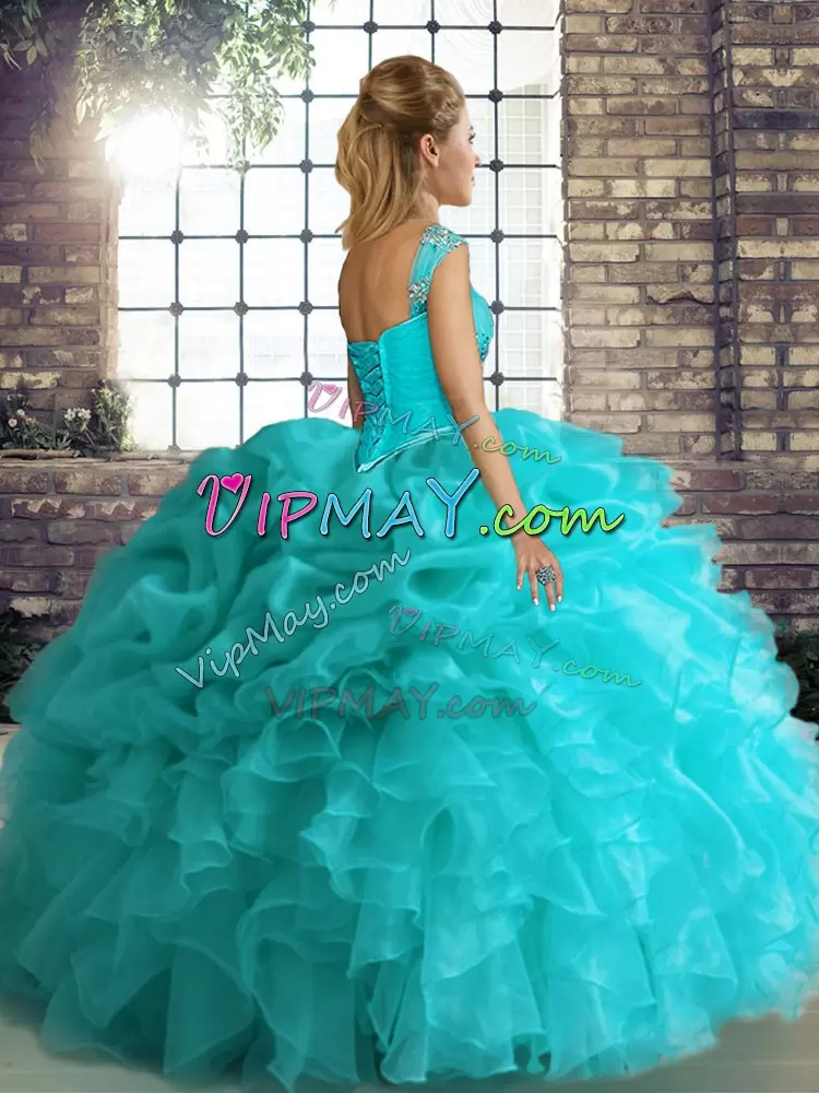 High Quality Ball Gowns Quince Ball Gowns Aqua Blue Off The Shoulder Organza Sleeveless Floor Length Lace Up