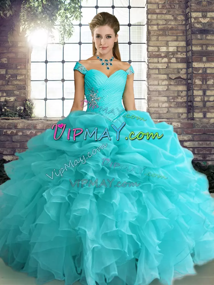 High Quality Ball Gowns Quince Ball Gowns Aqua Blue Off The Shoulder Organza Sleeveless Floor Length Lace Up