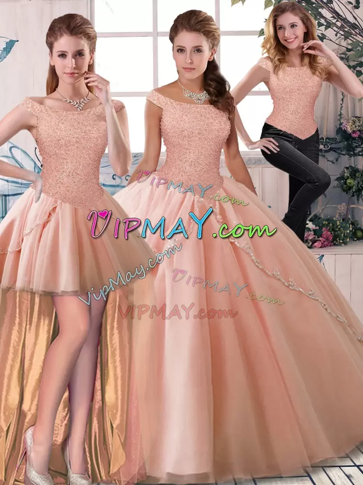 Peach Sleeveless Beading Lace Up Quinceanera Gown Off The Shoulder