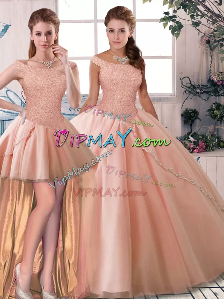 Peach Sleeveless Beading Lace Up Quinceanera Gown Off The Shoulder