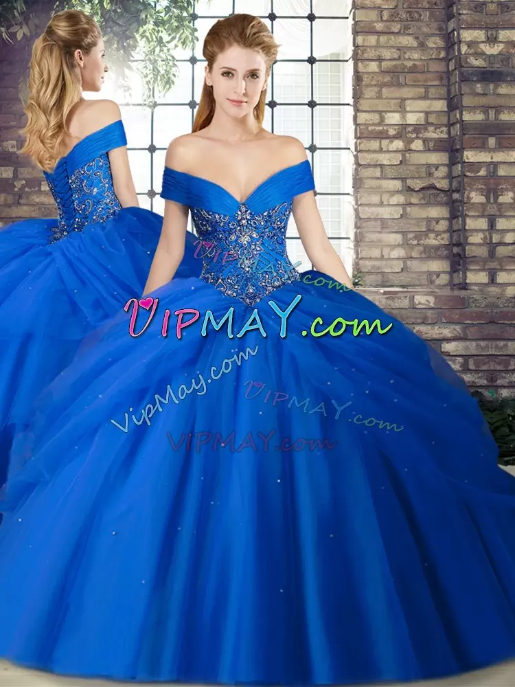 Custom Design Royal Blue Three Pieces Off The Shoulder Sleeveless Tulle Brush Train Lace Up Beading and Pick Ups Sweet 16 Dresses