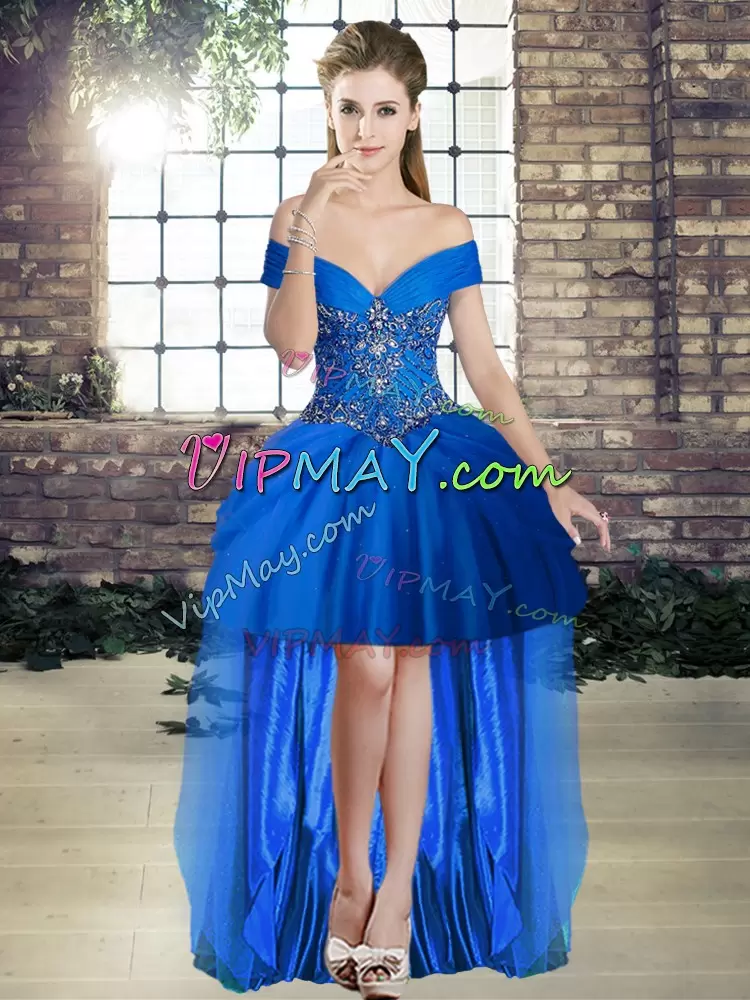 Custom Design Royal Blue Three Pieces Off The Shoulder Sleeveless Tulle Brush Train Lace Up Beading and Pick Ups Sweet 16 Dresses