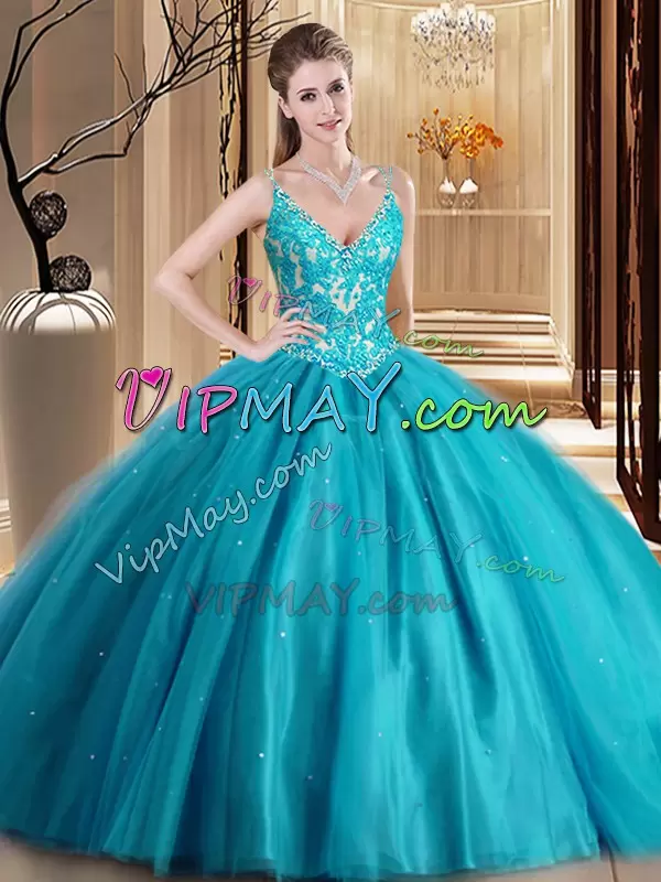 Teal Lace Up Quinceanera Gowns Beading and Lace and Appliques Sleeveless Floor Length