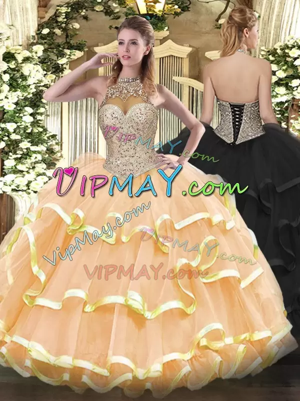 Enchanting Peach Ball Gowns Organza Halter Top Sleeveless Beading and Ruffled Layers Floor Length Lace Up Sweet 16 Dress