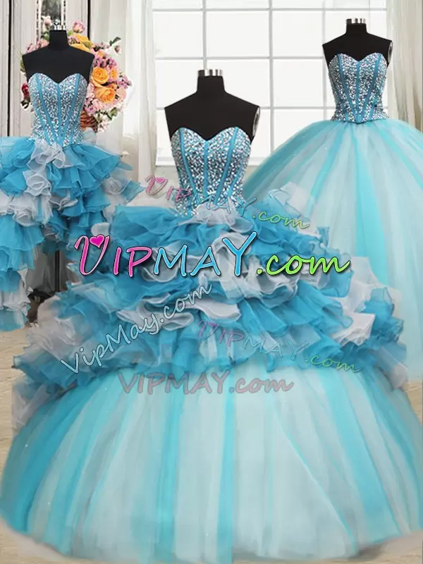 Decent Beading and Ruffles 15 Quinceanera Dress Blue And White Lace Up Sleeveless Floor Length