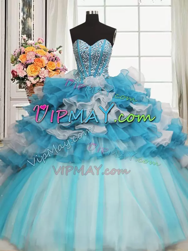 Decent Beading and Ruffles 15 Quinceanera Dress Blue And White Lace Up Sleeveless Floor Length