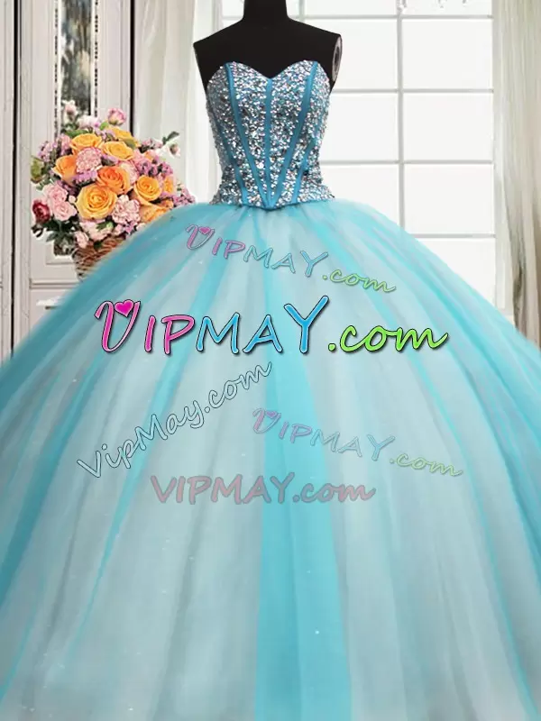 Decent Beading and Ruffles 15 Quinceanera Dress Blue And White Lace Up Sleeveless Floor Length