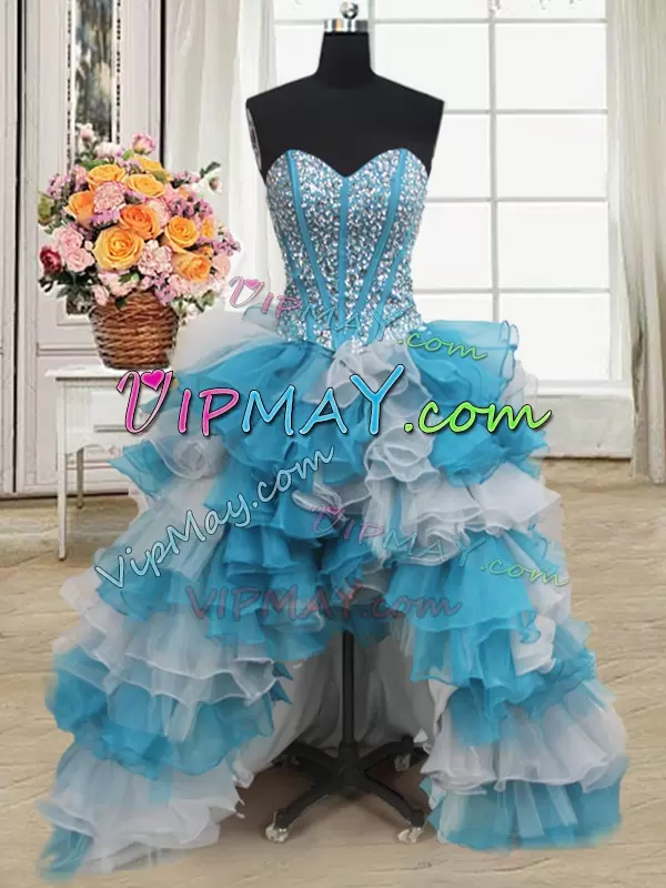 Decent Beading and Ruffles 15 Quinceanera Dress Blue And White Lace Up Sleeveless Floor Length