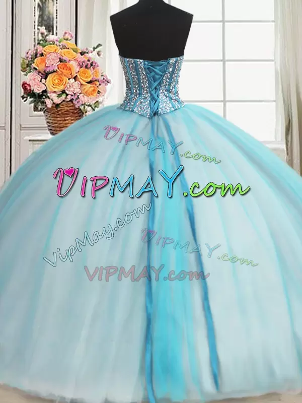 Decent Beading and Ruffles 15 Quinceanera Dress Blue And White Lace Up Sleeveless Floor Length