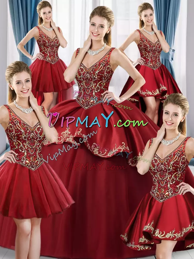 Beading and Embroidery Quinceanera Dresses Wine Red Lace Up Sleeveless Floor Length