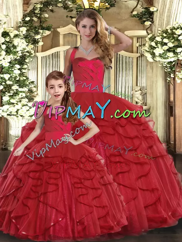 Pretty Red Sleeveless Ruffles Floor Length Quinceanera Dresses