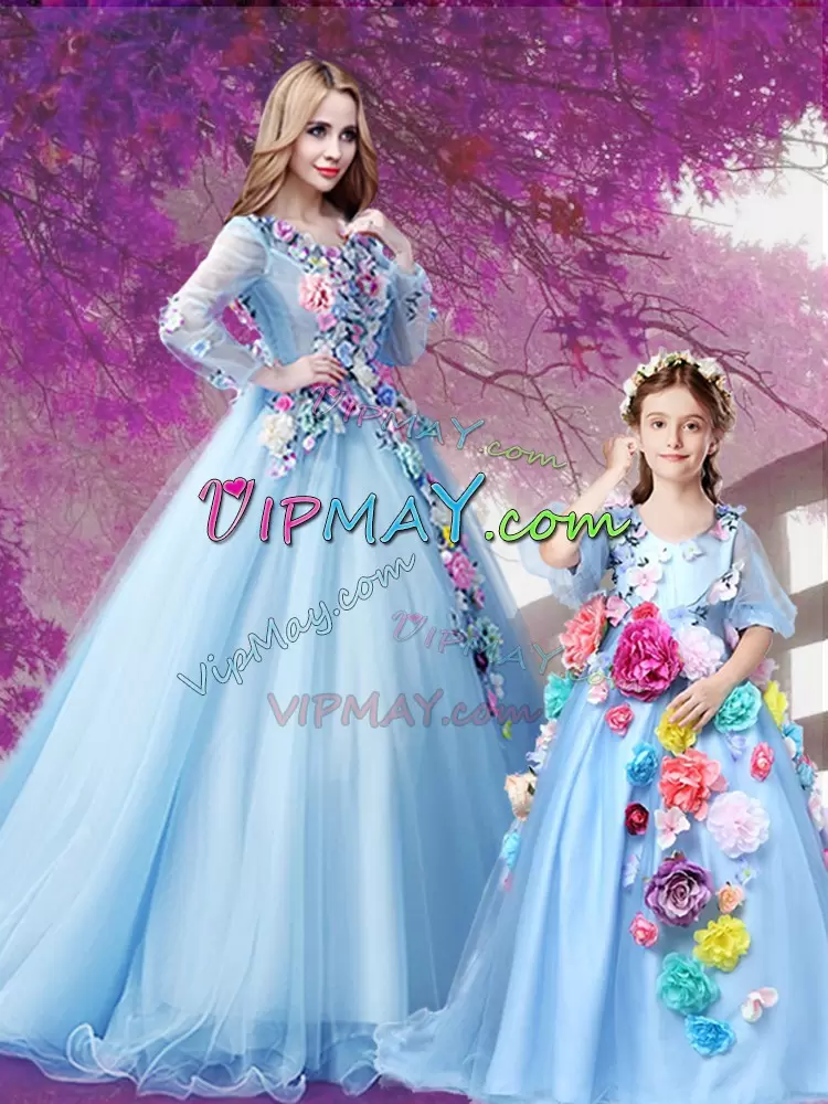 Cheap Baby Blue Sweet 16 Quinceanera Dress Sweet 16 and Quinceanera with Beading and Hand Made Flower V-neck Long Sleeves Sweep Train Lace Up