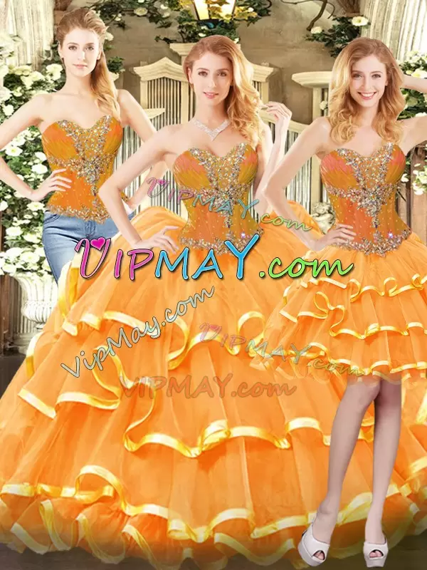 Orange Red Sleeveless Organza Lace Up 15th Birthday Dress for Military Ball and Sweet 16 and Quinceanera